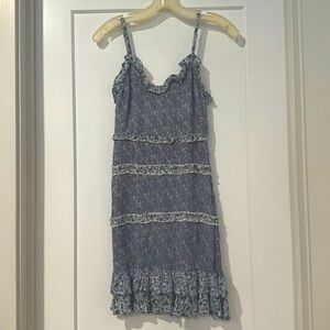 Sim & Sam Blue and White Floral Print Ruffled Smocked Camisole Dress